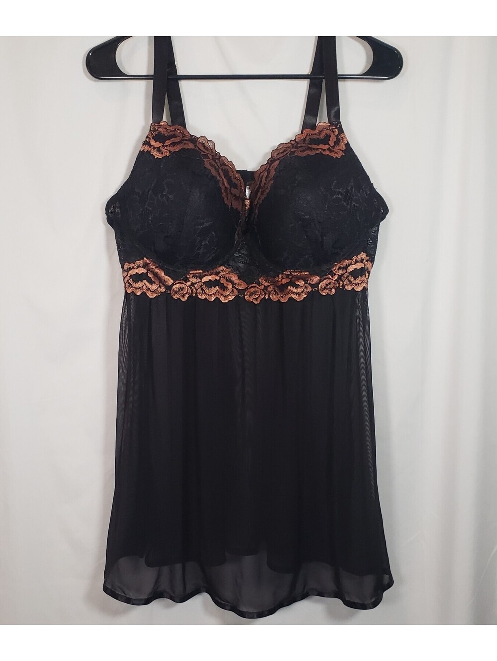 Carrie Amber Womens 1X Black Copper Floral Lace Sheer Babydoll Chemise Lingerie